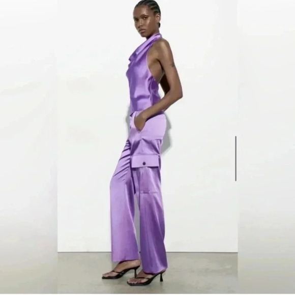 ZARA Satin Purple TROUSERS CARGO PANTS Lightweight Size S NWT - Picture 5 of 6
